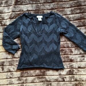 Vol.‎ 1 S Black Stretchy Chevron Pattern Lace Split Neckline 3/4 Sleeve Top